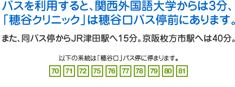 バスを利用すると、関西外国語大学からは5分、「穂谷クリニック」は穂谷口バス停前にあります。また、同バス停からJR津田駅へ15分。京阪枚方市駅へは40分。